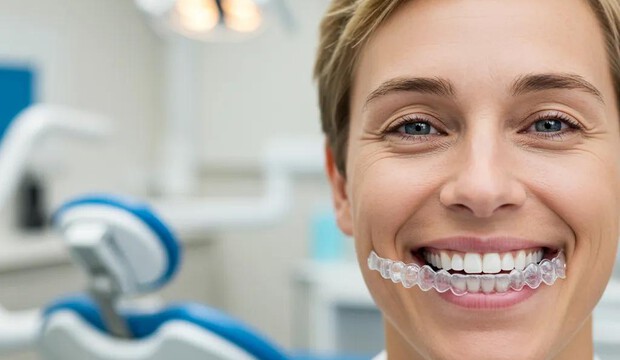 Smiling patient holding a clear Invisalign aligner
